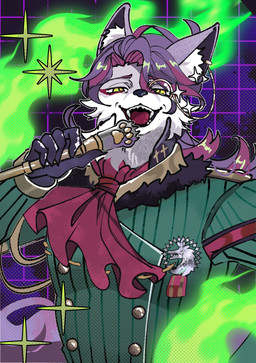 anthro bottomwear clothing colored_fire eyewear fancy_clothing fire fluffy fluffy_tail fur gloves green_clothing green_fire green_topwear grey_body grey_fur hair handwear holding_scepter kerchief leg_belt looking_at_viewer male monocle multicolored_body multicolored_fur neckerchief neckwear open_mouth pants purple_hair scepter solo tail topwear two_tone_body two_tone_fur white_body white_fur yellow_eyes zemushi compass_(combat_providence_analysis_system) charles_richter_(compass) canid canine canis mammal wolf 2026 hi_res