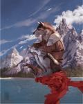 anthro armor blue_eyes clothed clothing detailed_background male mountain outside scar scenery solo water kaylinmangorian mythology rakan canid canine canis mammal mythological_canine mythological_creature werecanid werecanine werecreature werewolf wolf 2018 4:5 digital_media_(artwork) hi_res