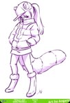 absurd_res anthro aogami biped boots clothed clothed_anthro clothed_female clothing digitigrade digitigrade_footwear english_text female fluffy fluffy_tail footwear full-length_portrait furgonomic_footwear furgonomic_headwear furgonomics hair hands_in_both_pockets hat headgear headwear hi_res jacket looking_at_viewer mammal ponytail portrait procyonid raccoon solo standing tail text topwear young young_anthro young_female zipper