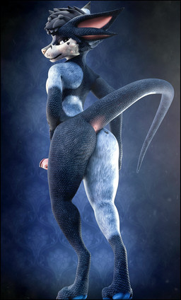 anthro anus bedroom_eyes big_butt black_body black_scales blue_body blue_fur butt cheek_tuft erection facial_tuft fur genitals hair huge_butt looking_at_viewer looking_back looking_back_at_viewer male narrowed_eyes nude penis raised_tail scales seductive simple_background solo tail tuft white_body white_fur lill_esp lill_espion deuzear 3d_(artwork) absurd_res blender_(artwork) digital_media_(artwork) hi_res