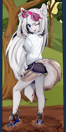 5_fingers anthro biped bottomwear clothed clothing dirty dirty_shoes eyebrows eyelashes eyewear fangs feces feces_on_body feces_on_footwear feces_on_leg feces_pile feces_smear female fingers fluffy fluffy_tail footwear fully_clothed grass hair happy hotpants humanoid_hands inner_ear_fluff leaf long_hair looking_at_viewer looking_back looking_back_at_viewer one_eye_closed outside plant plantigrade rear_view scatplay shirt shoes shorts sky smile sneakers solo standing standing_in_feces sunglasses tail teeth tongue tongue_out topwear trail tree tuft wink winking_at_viewer young young_anthro young_female ai_assisted ai_generated_background sicmop leonie_(hendric) domestic_cat felid feline felis mammal 6:13 absurd_res alpha_channel hi_res