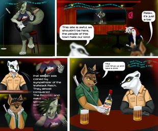alcohol anthro bar beer beverage clothing comic_panel dialogue drunk electric_guitar female group guitar liquor male mezcal_(beverage) musical_instrument plucked_string_instrument shirt sleeping speech_bubble string_instrument substance_intoxication tank_top text text_on_clothing text_on_shirt text_on_tank_top text_on_topwear topwear smartwhitefang greer_(miles_df) badger canid canine canis coyote domestic_dog mammal mustelid musteline wolf absurd_res comic english_text hi_res