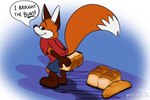 2016 3:2 barefoot black_eyes blue_background blue_bottomwear blue_clothing blue_pants bottomwear brown_body brown_fur butt canid canine clothing detailed_background dialogue english_text feet fox fur geekfox geekfox_(character) glistening glistening_eyes holding_bread male mammal orange_body orange_fur pants red_clothing red_shirt red_topwear shadow shirt simple_background smil smile solo text topwear underline white_background white_body white_fur wordplay