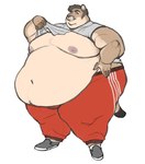 anthro belly belly_overhang big_belly big_butt biped brown_hair butt claws clothed clothing clothing_lift double_chin fur grin hair hand_on_hip huge_thighs male moobs morbidly_obese morbidly_obese_anthro morbidly_obese_male navel nipples obese obese_anthro obese_male overweight overweight_anthro overweight_male shirt shirt_lift simple_background smile solo standing tan_body tan_fur thick_thighs topwear white_background wide_hips yasano cougar felid feline mammal hi_res