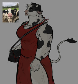 anthro anthro_focus big_breasts big_muscles breasts clothed clothed_anthro clothed_female clothing dress ear_piercing facial_piercing female female_focus feral fur hair horn lip_piercing markings muscular muscular_anthro muscular_female piercing pink_nose purse red_clothing red_dress short_hair solo spots spotted_body spotted_fur tail tail_tuft tuft gabmanee bovid bovine cattle holstein_friesian_cattle mammal absurd_res hi_res photography_(artwork)