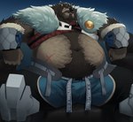 anthro belly belly_hair big_belly body_hair canid canine canis clothed clothing fangs hairy hi_res male mammal manly mature_male muscular muscular_male mythological_canine mythological_creature mythology navel overweight overweight_male scar sitting solo sulviez teeth thick_thighs werecanid werecanine werecreature werewolf wolf