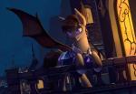 armor brown_hair detailed_background feral hair male purple_eyes raining solo standing rodrigues404 hasbro my_little_pony fan_character bat_pony equid mammal animated short_playtime