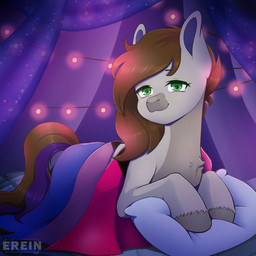 ambiguous_gender bedding blanket brown_hair demibisexual_pride_colors feral fur green_eyes grey_body grey_fur hair horse_tail long_hair looking_at_viewer pillow smile solo string_lights erein equid equine horse mammal hi_res