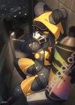 anthro areola black_body black_fur black_hair bodypaint clothed clothing female fur hair horn mask nipples partially_clothed puffy_areola puffy_nipples sitting solo spray_can streetwear techwear yellow_areola yellow_eyes yellow_nipples zinfyu bovid caprine mammal sheep absurd_res hi_res