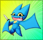 anthro blue_body fangs featureless_crotch female happy knife looking_at_viewer one_tooth open_mouth pegleg simple_background solo symbol_on_chest teeth wings yellow_sclera viroveteruscy cartoon_network mao_mao:_heroes_of_pure_heart adorabat bat mammal 2024 absurd_res digital_media_(artwork) hi_res