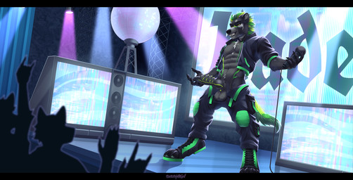 anthro audience balls biped black_bars black_body black_fur bottomwear claws clothed clothing concert electronics erection exhibitionism fingers footwear foreskin fur genital_piercing genitals green_body green_eyes green_fur green_hair grey_body grey_fur group hair humanoid_genitalia humanoid_penis jacket male microphone multicolored_body nightclub open_clothing open_mouth open_topwear pants partially_clothed penis piercing presenting presenting_penis public rock_out_with_your_cock_out shoes solo solo_focus stage standing tail teeth topwear seraphimka canid canine canis hyena mammal wolf absurd_res hi_res letterbox