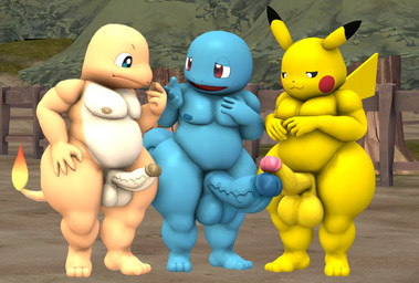anthro balls big_balls big_penis big_penis_envy casual_nudity comparing comparing_penis erection exhibitionism genitals group hand_on_chest huge_balls huge_penis humanoid_genitalia humanoid_penis looking_down male male/male penis public public_nudity shortstack shortstack_male tail trio logdoesrenders kabalmystic_(modeler) nintendo pokemon charmander generation_1_pokemon lizard mammal pikachu pokemon_(species) reptile rodent scalie squirtle 3d_(artwork) absurd_res digital_media_(artwork) hi_res