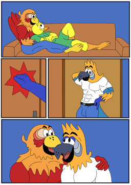 anthro beak border feathers group male male/male multicolored_body multicolored_feathers trio white_border yellow_body yellow_feathers ciel-wolf nickelodeon the_casagrandes the_loud_house paco_(the_casagrandes) sergio_(the_casagrandes) walt_loud animal_humanoid avian avian_humanoid bird bird_humanoid canary finch humanoid oscine parrot parrot_humanoid passerine comic