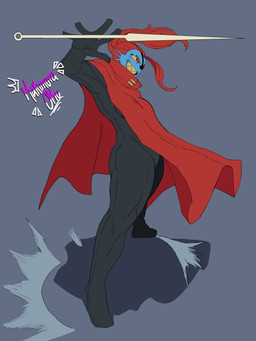 anthro black_bodysuit black_clothing black_skinsuit blue_body bodysuit clothed clothing cosplay eye_patch eyewear female grey_background hair red_hair simple_background skinsuit solo teeth text tight_clothing kristhianquint4 hollow_knight_(franchise) team_cherry undertale undertale_(series) hornet_(hollow_knight) undyne animal_humanoid aquatic aquatic_humanoid fish fish_humanoid humanoid needle_(disambiguation) 2025 3:4 hi_res