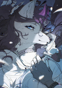 2_horns 5_fingers anthro blue_eyes buckled_collar claws clothed clothing collar eyelashes female finger_claws fingerless_gloves fingers fur gloves hair handwear head_horn hoodie horn looking_at_viewer lying mouth_closed on_back pawpads purple_hair purple_horn solo topwear white_body white_clothing white_fur white_hoodie white_sclera white_topwear chiayeeee canid canine canis mammal wolf 2025 bust_portrait digital_drawing_(artwork) digital_media_(artwork) hi_res portrait signature