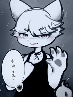 4_fingers anthro bangs black_clothing black_dress black_nose black_topwear bodily_fluids choker circle_eyebrows clothing crying cute_fangs dialogue dress eyebrows eyelashes fangs female fingers fur gesture hair hand_on_chest heterochromia jewelry kemono looking_at_viewer necklace night open_mouth pawpads pupils raining red_eyes red_tongue short_hair slit_pupils solo speech_bubble standing tears teeth text tongue topwear unusual_pupils waving white_body white_ears white_fur white_hair white_pupils yellow_eyes hasukii hazuki_mikami_(hasukii) canid canine mammal 3:4 digital_media_(artwork) japanese_text translated