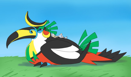 ambiguous_gender carrying_another carrying_partner duo extreme_size_difference feathered_tail feathers female female_human feral fluffy grass_field larger_feral loaf lying lying_on_another on_back outside relaxing side_view sitting sitting_on_ground size_difference smaller_female smaller_human tail tail_feathers aurora-xatu fakemon nintendo pokemon lillie_(pokemon) avian bird generation_7_pokemon human mammal mega_toucannon_(aurora_xatu_fakemon) piciform pokemon_(species) toucannon 2024 absurd_res digital_media_(artwork) digital_painting_(artwork) hi_res painting_(artwork)