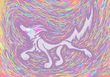 ambiguous_gender blue_eyes fangs feral fur grey_body grey_fur grey_tail open_mouth open_smile rainbow_background simple_background smile solo tail teeth demensa canid canine canis domestic_dog mammal 2024 full-length_portrait hi_res portrait