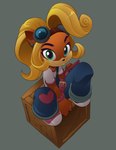 4_fingers anthro belt blonde_hair box clothing container ear_piercing ear_ring eyewear eyewear_on_head female fingers footwear goggles goggles_on_head green_eyes hair long_hair looking_at_viewer overalls piercing ring_piercing simple_background sitting smile solo bleedman activision crash_bandicoot_(series) coco_bandicoot mammal marsupial 2021 hi_res