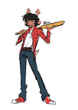 anthro baseball_bat bat_(object) black_hair brown_body brown_fur clothing female fur hair shirt simple_background solo text topwear white_background white_clothing white_shirt white_topwear yoke_pose jopopnam00 deltarune undertale_(series) dess_holiday deer mammal new_world_deer reindeer 2025 hi_res