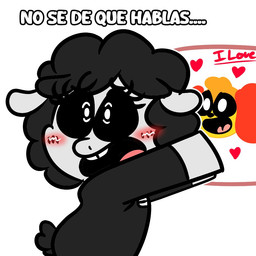 anthro black_body black_fur black_wool blush female fur heart_symbol solo text white_body wool_(fur) rocketlennon mob_entertainment nightmare_critters poppy_playtime smiling_critters baba_chops_(poppy_playtime) dogday_(poppy_playtime) bovid canid canine canis caprine domestic_dog mammal sheep english_text spanish_text