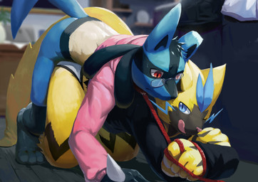 anthro anthro_on_anthro black_body black_clothing black_fur black_markings black_topwear blue_body blue_ears blue_eyes blue_fur blue_tail blurred_background bodily_fluids bottomless clothed clothing collar duo eyewear from_behind_position fur glasses glistening glistening_eyes hand_spike head_tuft leash leash_pull leg_markings licking licking_lips licking_own_lips male male/male markings mouth_closed pink_clothing pink_nose pink_tongue pink_topwear pupils red_collar red_eyes red_leash self_lick sex slit_pupils socks_(marking) spikes spikes_(anatomy) sweat tail tan_body tan_fur tongue tongue_out topwear tuft yellow_body yellow_ears yellow_fur yellow_tail t.y.stars nintendo pokemon generation_4_pokemon generation_7_pokemon legendary_pokemon lucario pokemon_(species) zeraora absurd_res hi_res