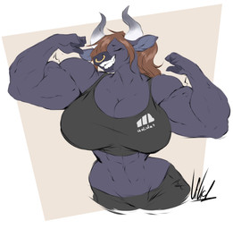 abs anthro bottomwear breasts brown_hair cleavage clothed clothing curved_horn eyes_closed facial_piercing female flexing flexing_bicep flexing_both_biceps fur hair horn male muscle_tone muscular muscular_anthro muscular_male nose_piercing nose_ring piercing purple_body purple_fur ring_piercing shirt shorts smile smirk smug smug_face smug_grin solo tank_top topwear dullvivid bovid bovine cattle mammal hi_res gynomorph_(lore)