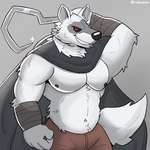 anthro bottomwear cape clothed clothing fur grey_body grey_fur looking_at_viewer male muscular muscular_anthro muscular_male navel nipples pants pecs red_eyes simple_background smile solo tail teeth white_body ruffusbleu dreamworks puss_in_boots_(franchise) death_(puss_in_boots) canid canine canis mammal wolf hi_res