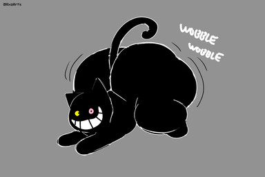 ass_up big_butt black_body black_ears black_eyes black_fur black_tail butt feral fur grey_background heterochromatic_scleras heterochromia looking_at_viewer male pink_sclera quadruped simple_background smile solo tail teeth text thick_thighs three-quarter_view twerking yellow_sclera axoarts deltarune undertale_(series) friend_(deltarune) domestic_cat felid feline felis mammal 2026 artist_name digital_media_(artwork) hi_res