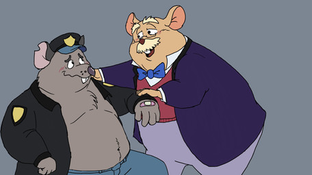 anthro band-aid bandage belly blush bottomwear bow_tie clothed clothing duo facial_hair hat headgear headwear male male/male mature_male mustache notched_ear open_clothing open_shirt open_topwear overweight overweight_male pants shirt simple_background sitting topwear taxonite brok_the_investigator cowcat_games disney the_great_mouse_detective david_dawson guard_(brok_the_investigator) mammal mouse murid murine rat rodent 2026 crossover hi_res