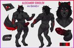 alexzandr_sokolov anthro besky_(artist) black_body black_fur black_hair breasts butt canid canine canis character_name color_swatch english_text fur genitals hair herm intersex long_hair mammal markings medial_ring model_sheet muscular muscular_anthro muscular_herm muscular_intersex penis red_eyes red_markings solo text wolf