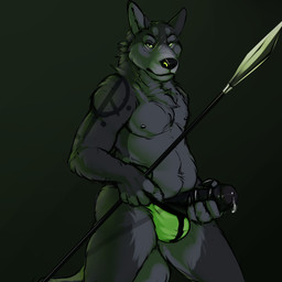 anthro black_penis clothed clothing erection facial_scar foreskin fur genitals green_background grey_body grey_fur holding_melee_weapon holding_object holding_polearm holding_spear holding_weapon humanoid_genitalia humanoid_penis looking_at_viewer male male_anthro masturbation melee_weapon nipples penis polearm scar simple_background slightly_chubby slightly_chubby_anthro slightly_chubby_male solo spear standing tail topless topless_anthro topless_male underwear underwear_only weapon mintyderg canid canine canis mammal wolf 1:1 2018 hi_res