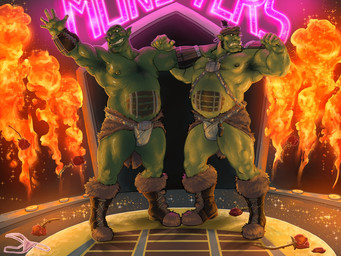 5_fingers armpit_hair beard biceps biped black_hair body_hair boots bulge chest_hair clothed clothing detailed_background duo facial_hair fingers fire flower footwear green_body green_nipples green_skin grin hair humanoid_hands male musclegut muscular muscular_humanoid muscular_male nipples not_furry panties pecs plant quads rose_(flower) shoes short_hair smile standing teeth tusks underwear captaingerbear humanoid orc 2014 4:3 digital_media_(artwork)