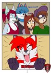 anthro arm_tuft baseball_cap breasts cheek_tuft clothing facial_tuft female hat headgear headwear inner_ear_fluff male shoulder_tuft surprised_expression tongue tongue_out tuft whiskers ladyfoxheart no_nut_november sally_foxheart zane_the_lantern_fox animal_humanoid canid canine fox humanoid mammal procyonid raccoon absurd_res hi_res meme