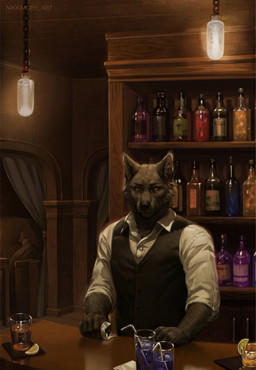 5_fingers alcohol anthro bar bartender beverage black_body black_fur black_nose bottle clothed clothing container detailed_background drinking_straw fingers fully_clothed fur furniture head_tuft inner_ear_fluff inside light light_fixture looking_at_viewer male pointy_ears prick_ears rolled_up_sleeves shelf shirt solo text topwear tuft vest wall_(structure) white_clothing white_shirt white_topwear wood wood_furniture wood_wall yellow_eyes nikkimory canid canine canis mammal wolf 2025 artist_name book_cover cover digital_media_(artwork) lighting
