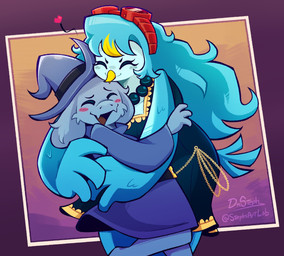 anthro beak big_breasts blue_body blue_bottomwear blue_clothing blue_feathers blue_fur blue_hair blue_topwear blush blush_lines border bottomwear breasts chain cheek_tuft chest_tuft cleavage clothed clothing covered_breasts curvy_figure dark_clothing detailed_background dress duo eyebrows eyelashes eyes_closed eyewear facial_tuft feather_hair feather_hands feathered_wings feathers female fingers fur gesture goggles hair hand_gesture hand_on_leg happy hat headgear headwear heart_symbol hug hugging_another jewelry kissing long_hair looking_at_viewer male male/female multicolored_hair neck_tuft necklace non-mammal_breasts one_eye_closed open_mouth outside pseudo_hair raised_eyebrows robe side_view simple_background sky smile standing tail tail_feathers thick_thighs tongue topwear translucent translucent_hair tuft white_body white_border white_fur wide_hips winged_arms wings wizard_hat yellow_beak stephsartlab undertale undertale_(series) undertale_yellow fan_character martlet_(undertale_yellow) avian bird boss_monster_(undertale) bovid caprine goat mammal monster digital_media_(artwork) hi_res