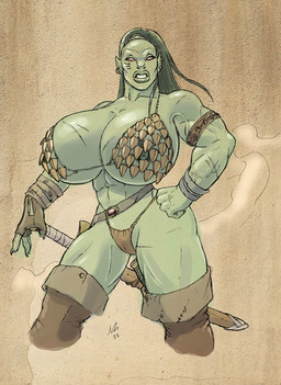 areola big_breasts breasts cleavage clothed clothing erect_nipples female green_lips huge_breasts lips melee_weapon nipples not_furry skimpy solo sword thick_lips weapon gideon humanoid orc