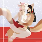 abstract_background anthro bottomwear breast_squish breasts breasts_frottage clothing duo female female/female green_eyes holidays looking_at_viewer miniskirt mostly_nude pink_eyes skirt squish noxu christmas malani reign_(scfiii) canid canine canis coyote domestic_dog mammal 1:1 2022 hi_res