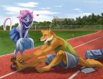 2011 anthro bodily_fluids canid canine canis cheerleader clipboard clothed clothing domestic_cat duffel_bag duo felid feline felis female fully_clothed gym_bag hair heart_symbol lindsay_cibos mammal pink_hair pom_poms race_track sport stadium stretching sweat track_and_field wolf