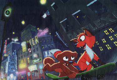 ambiguous_gender anthro bakery black_nose detailed_background duo feral flag flag_(object) fur gloves_(marking) lamp leg_markings male markings movie_theater neon_sign night open_mouth outside red_body red_fur sign skateboard skateboarding smile socks_(marking) tail text traffic_sign vehicle whiskers window carl_quist_moller jungledyret_hugo hugo_(jungledyret) rita_(jungledyret) canid canine european_red_fox fox mammal marsupial vombatiform concept_art danish_text english_text hi_res official_art traditional_media_(artwork) female_(lore)