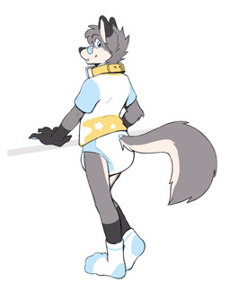 4_toes 5_fingers ambiguous_gender anthro band-aid band-aid_on_face band-aid_on_nose bandage bandage_on_face bandage_on_nose black_body black_claws black_ear_tips black_finger_claws black_fur black_nose blue_band-aid claws clean_diaper clothed clothing collar diaper dipstick_ears ear_markings feet finger_claws fingers footwear fur gloves_(marking) grey_body grey_fur grey_tail leg_markings looking_back markings multicolored_body multicolored_clothing multicolored_ears multicolored_fur multicolored_shirt multicolored_topwear shirt simple_background smile snaggle_tooth socks socks_(marking) solo standing tail tan_body tan_fur tan_inner_ear tan_tail three-quarter_view toes topwear two_tone_tail wearing_diaper white_background yellow_collar foxehhyz pakun canid canine canis mammal wolf 2023 full-length_portrait hi_res portrait