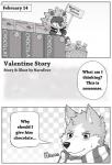 anthro candy canid canine canis chocolate comic dessert digital_media_(artwork) domestic_dog english_text felid food fur greyscale holidays lion male mammal monochrome naruever pantherine plushie solo text valentine's_day