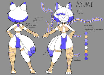 anthro bandage bandaged_arm bandaged_chest bandaged_leg big_breasts blue_eyes blue_hair blush blush_lines bottomwear breasts butt cleavage clothed clothing fangs female fur grey_background hair loincloth looking_at_viewer multi_tail navel rear_view scroll simple_background solo spiral spiral_eyes tail teeth text thick_thighs white_body white_fur white_hair wide_hips usagibun1 ayumi_(usagibun1) canid canine fox mammal 2024 absurd_res digital_media_(artwork) english_text hi_res model_sheet