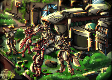 anthro bright_colors destroyed_city environment group gun machine male male/male protogen_armor protogen_face protogen_visor ranged_weapon spacecraft vehicle weapon xelhex protogen warm_colors