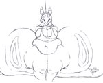 2024 absurd_res antennae_(anatomy) anthro belly belly_overhang belly_peeking_out big_breasts big_butt biped breasts butt butt_from_the_front cleavage clothed clothing female front_view generation_5_pokemon hi_res huge_butt huge_hips huge_thighs hyper hyper_butt lidded_eyes looking_at_viewer love_handles monochrome navel nintendo overweight overweight_anthro overweight_female pokemon pokemon_(species) pokemorph scolipede shirt side_boob signature sitting sketch snekkobean solo tank_top thick_thighs topwear undersized_topwear wide_hips