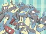 ambiguous_gender anthro black_body black_fur blue_body blue_fur fur glomp group pattern_background red_eyes simple_background smile yellow_body yellow_fur sikai nintendo pokemon generation_4_pokemon lucario pokemon_(species) riolu shiny_pokemon