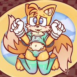 2_tails anthro belly bikini_thong blue_eyes blush bulge cheek_tuft chest_tuft clothed clothing crop_top detailed_bulge facial_tuft feet femboy fluffy fluffy_tail footwear fur glistening glistening_body glistening_eyes gloves green_clothing green_legwear green_thigh_highs handwear head_tuft hoodie innocent_expression legs_together legwear male multi_tail multicolored_body multicolored_fur navel outfit_change partially_clothed paws pose raised_arms shirt shy skimpy skimpy_bottomwear skindentation smile solo speedo swimwear tail tan_body tan_fur teal_clothing thigh_highs thong toeless_footwear toeless_legwear topwear tuft underwear yellow_body yellow_fur young young_anthro young_male arnkleblarn sega sonic_the_hedgehog_(series) miles_prower canid canine fox mammal 1:1 hi_res pinup