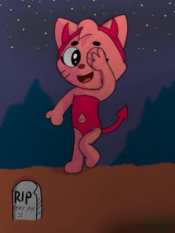 anthro clothing costume female greeting halloween_costume holidays night one_leg_up open_mouth open_smile raised_leg simple_background smile solo young young_female fredonejo halloween playkids kate_(playkids) domestic_cat felid feline felis mammal 3:4 absurd_res hi_res