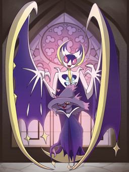 ambiguous_gender anthro bat_wings biped blue_body cloak clothing duo floating grey_body heart_symbol inside larger_ambiguous looking_at_another membrane_(anatomy) membranous_wings open_mouth open_smile red_eyes red_sclera size_difference smaller_ambiguous smile tongue white_body winged_arms wings fuf nintendo pokemon generation_4_pokemon generation_7_pokemon legendary_pokemon lunala mismagius pokemon_(species) 2019 hi_res