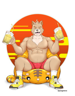 alcohol anthro beer beverage bottomwear bulge clothing drunk footwear male muscular shirtless shoes shorts sneakers socks solo substance_intoxication toramaru gaouu pongotora new_year_2022 tora canid canine canis domestic_dog felid mammal pantherine shiba_inu spitz tiger 2022 hi_res